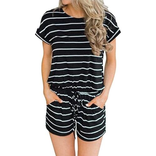 Striped Womens Romper Summer Jumpsuit Shorts Casual Loose O-neck Short Sleeve Playsuits Female Pockets Overalls Plus Size K005