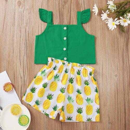 2021 Kids Girls Fashion 2-piece Outfit Set Fly Sleeve Tops and Pineapple Print Shorts Set for Children Girls
