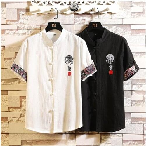 Aransue Summer Stand Collar Shirt Men Chinese Style Short Sleeve Top Tang Leisure Hanfu Handsome Clothes