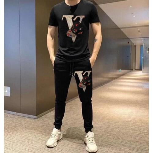 Hot sale Fitness Tracksuit Summer Suit New Cotton Fashion MenS High Quality Rhinestone suits