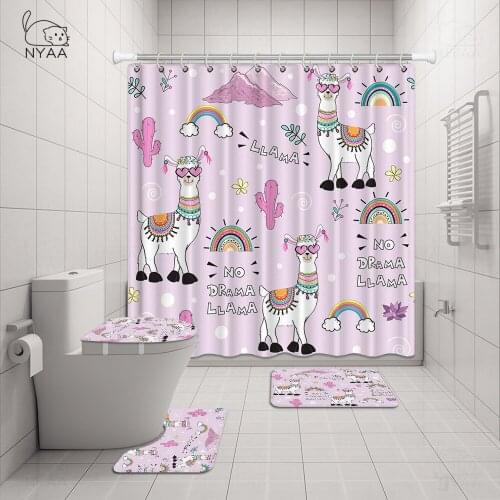 Cartoon Alpaca Animal Bath Shower Curtain 4pcs Bathroom Rug Sets Non-slip Bath Mat Toilet Cover Kitchen Carpet Bathroom Decor