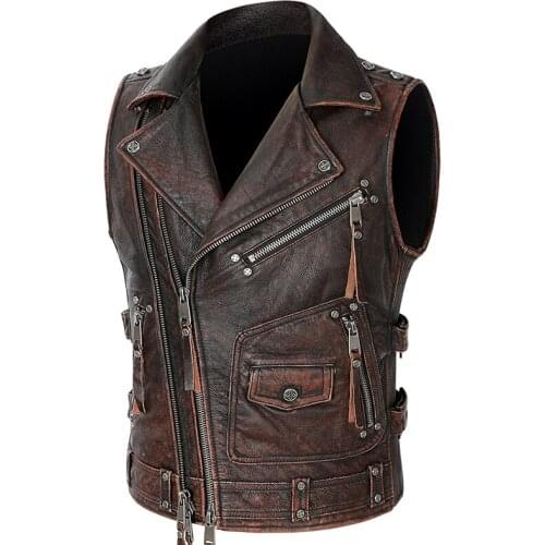Vintage Heavy Mens Real Motorcycle Biker Vest Lapel Zipper Cowhide Genuine Leather Sleeveless Jacket Brown Black