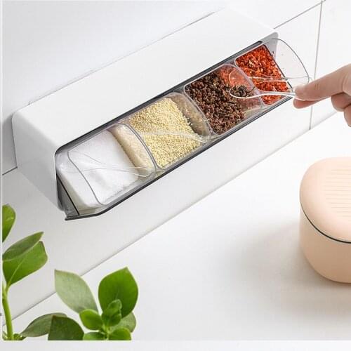 Wall Mount Spice Rack Organizer Sugar Bowl Salt Shaker Seasoning Container Set with Spoons Adhesive Kitchen Spice Jar Rack
