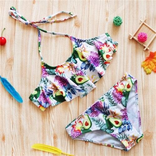 2021 New Childrens Bikini Ruffle Straps Split Hanging Neck Straps Swim Fruit Swimsuit