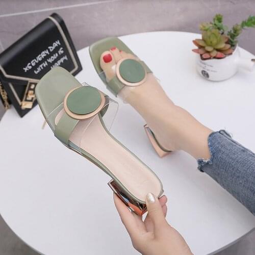 2021 New Fashion Slippers Womens Low Heel Transparent Slippers Square Heel Summer All-match Womens Sandals Shoes Woman