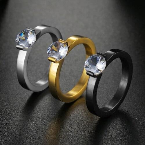 Black Gold Silvery Band Ring Wedding Engagement Round Zircon Lovers' Couple Jewelry Stainless Steel for Women Men