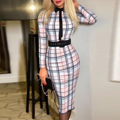 Autumn Elegant Floral Print Bodycon Dress Women Turn-down Collar Bow Office Dress Spring Long Sleeve Slim Fit Midi Dresses Mujer