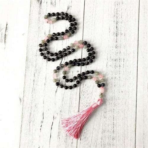 Hand Knotted 108 Mala Beads Necklace Black Stripe Agates Gray Larvikite Pink Tassel Meditation Necklace Jewelry Yoga Jewelry