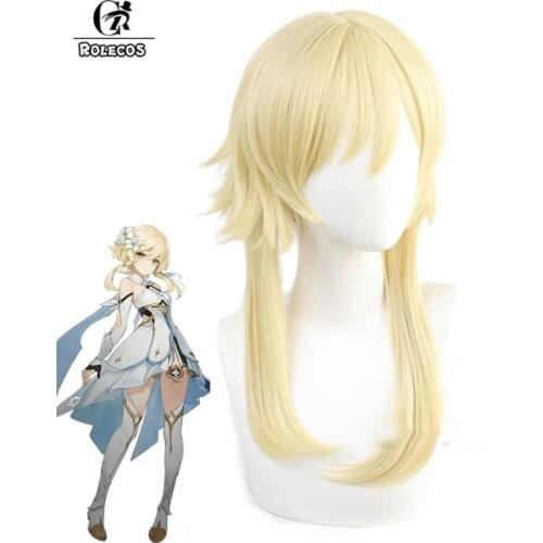 ROLECOS Genshin Impact Cosplay Wig Traveler Lumine Cosplay Wig Women Blonde 38cm Headwear Halloween Heat Resistant Synthetic Wig