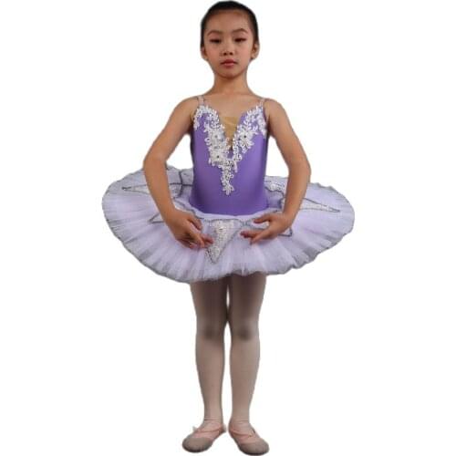 Girls Pre-professional Ballet Dance Tutu Lilac Camisole Leotard Bodice with White Applique Trim in the Front Pleated Tutu PLL004