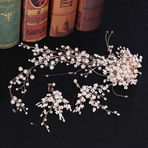 Luxury Exquisite Wedding Jewelry Sets Weave Flower Hair Band Earrings Glitter Crystal Imitation Pearl Handmade Headwear Set VL