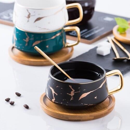 Nordic Marble Pattern Cute Ceramic Coffee Mugs And Cups Couple Office Home Milk Water Cups Wooden Cover & Handle With Lid Spoon