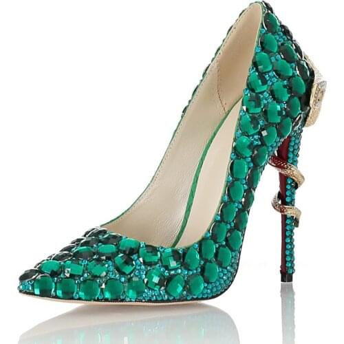 Womens Pumps Handmade Diamond Green Fashion Temperament High Heels Thin Heel Shoes Woman Pointed Sexy Bride Wedding Shoes Sanda