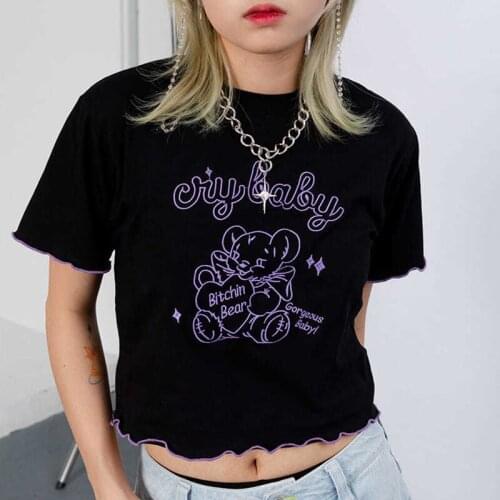 Ins Bear Embroidery Cotton T Shirts Women Sexy Crop Tops 2021 Summer New Arrival Kawaii Clothes for Teens Girls Korean Style