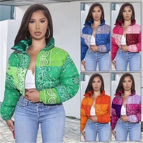 2021 Winter Fashion New Short Zipper Stand Collar Long Sleeve Loose Printing Thickening Warm Cotton Jacket Female Trend 048