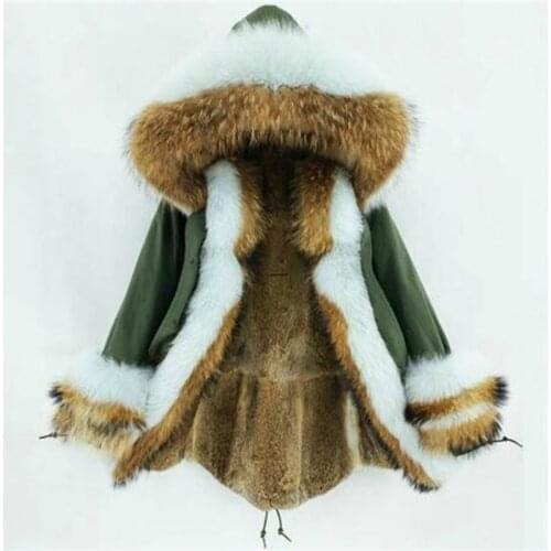 2021 New Women Real Fur Coat Winter Jacket Rabbit fur liner Thick Warm Natural Raccoon Fur Fox Fur Collar Hood Cuffs Long Parka