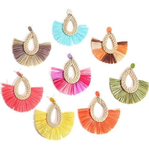 AENSOA Bohemian Rattan Knit Raffia Tassel Drop Earrings For Women Colorful Handmade Geometric Ethnic Earrings Party Jewelry Gift