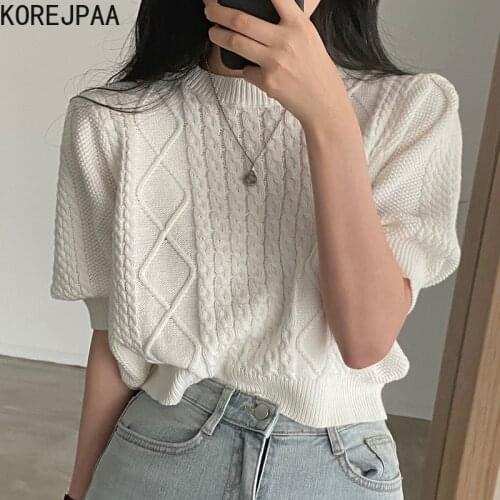 Korejpaa Women Sweaters 2021 Korean Fashion Chic O Necked Head Diamond Patterned Casual Bubble Sleeve Short Knitwear Top Female