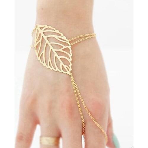 Charm Hollow Leaves Bracelet With Finger Ring Chain Hand Harness For Women Gold Color Bracelet Mujer Bijoux