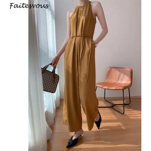 New Korean Sleeveless Jumpsuit Women Fashion Elegant High Waist Wide Leg Playsuits Office Ladies Summer 2021
