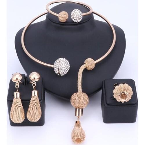 Charm Dubai Gold Color Crystal Jewelry Sets For Women African Pendant Necklace Earrings Bangle Rings Party Dress Accessories