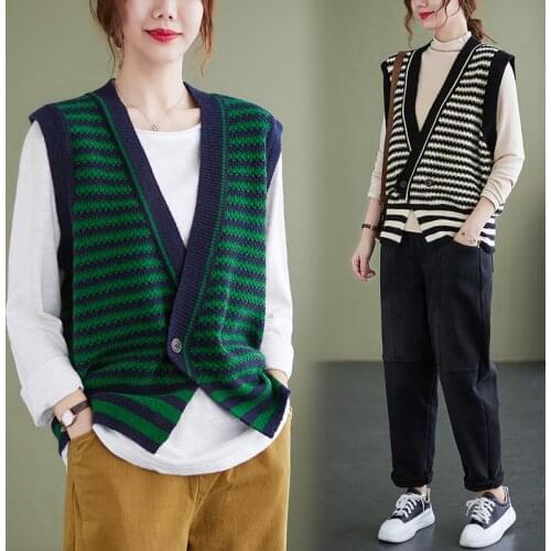 Women New Color Patch Striped Knitted Waistcoat Loose Vintage Regular-Fit Button Green Outwear Elegant Casual Sleeveless Vest