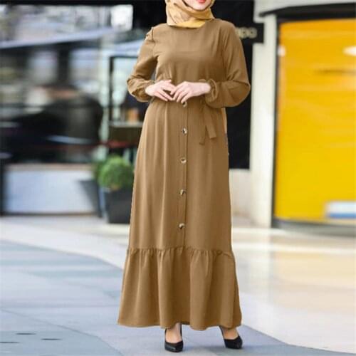 Womens Autumn Robe Solid Sundress Elegant Muslim Shirt Dress Long Sleeve Maxi Vestidos Female Button Ruffle Vestidos Plus Size