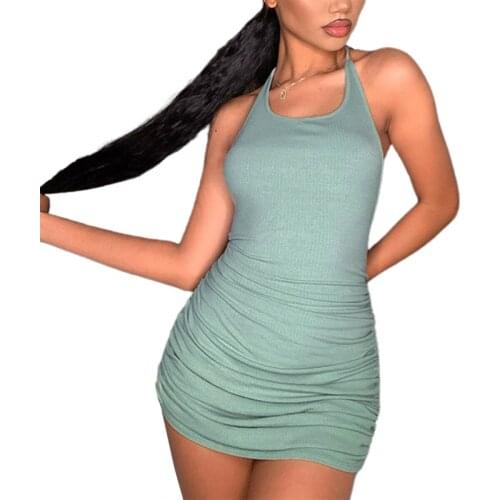 Women Sexy Halter Backless Dress Fashion Ladies Sleeveless Drawstring Folds Dress Party Club Nightwear Dresses Outfits