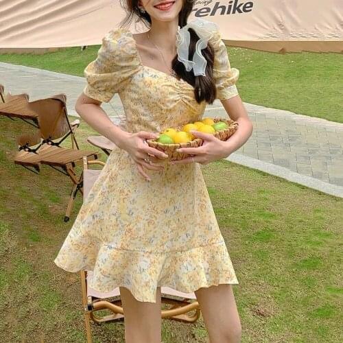 Newly Womens Chiffon Floral Dress Yellow Pink Retro Ruff Short Sleeve Square Neck Waist Short Skirt for Summer