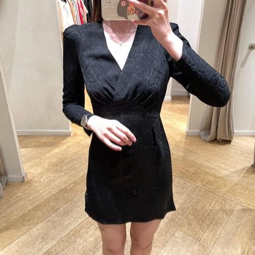 Snakeskin Pattern Jacquard Womens V-Neck Mini Dress 2021 Autumn Long Sleeve Slim High Waist Pleated Short Robe