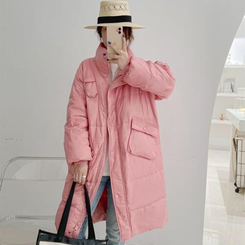 QingWen Winter Korean Mid-length Loose Thick Casual Oblique Pockets White Duck Down Jacket Warm Coat Parkas casaco feminino 2021