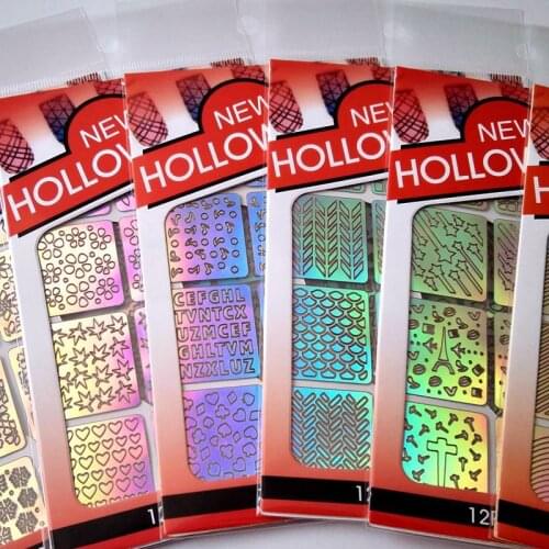12 Sheets/set 24 Different Hollow Irregular Stencils Nail Vinyls Laser 3D Image Transfer Guide Template Nail Art Hollow Sticker