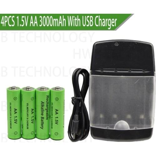 4pcs/lot New Brand Alkaline Rechargeable battery 1.5V AA 3000mah + 1pcs USB Smart Alkaline/NI-MH/Ni-Cd battery charger
