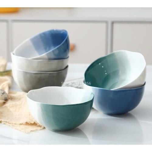 Japanese Style Irregular Lace Ceramic Bowl Nordic Simple Household Underglaze Gradient Color Noodle Bowl Creative Ramen Bowl