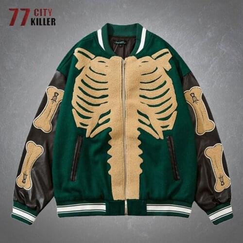Streetwear Baseball Jackets Mens Hip Hop Furry Bone Patchwork Bomber Jacket Male Harajuku Loose College Style Coats Unisex Tops