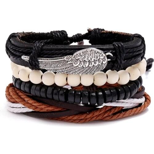 Punk Hiphop Men Women Multilayer Leather Bracelet Set Weave Beads Wing Charm Bangle Wrap Biker Wristband Vintage Fashion Jewelry