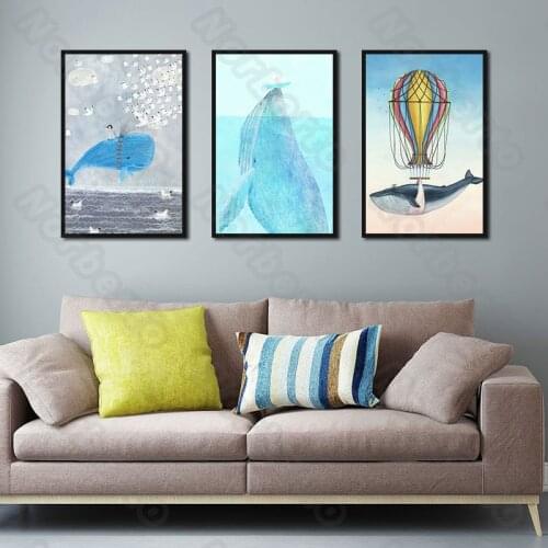 Cartoon Pictures Canvas Painting Wall Poster Undersea Animals Dolphin Whales Hot-Air Balloons for Living Room Bedroom Decoration