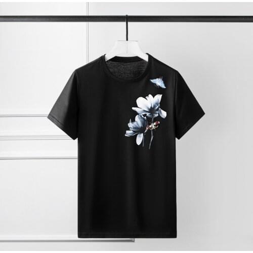 100% Cotton Black Mens T-shirts Luxury Daffodils Printing Short Sleeve Men T-shirts Fashion Casual Party Nightclub T-shirts Man