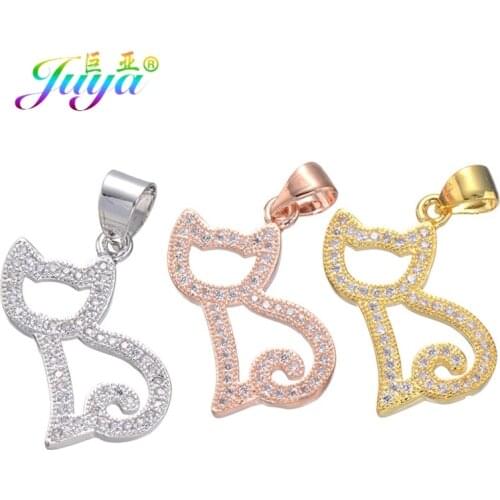 Juya DIY Bracelet Necklace Making Components Cubic Zirconia Animal Cat Charms & Pendant Handmade Material Wholesale