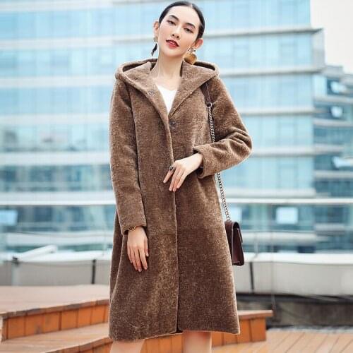Casual 2020 Sheep Shearling Jackets Real Wool Womens Fur Coat Long Winter Jacket Women Hooded Plus Size 5XL 6XL OT1788