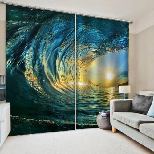 Luxury Blackout 3D Curtains For Living room Bedding room Office blue waves curtains 3D Window Curtains For Living Room