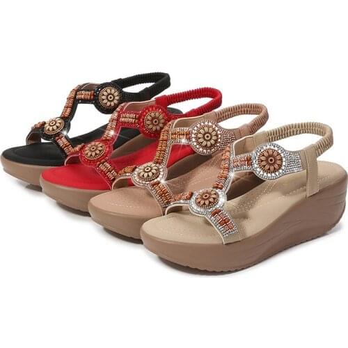 Summer Women Sandals New Round Head Rhinestone Sandals Women Slope Heel Platform Shoes Fashion Elastic Band Shoes Bohemia Shoes