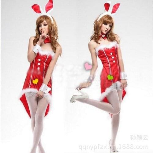 Sexy Red Bunny Santa Claus Suit Christmas Costumes Erotic Lingerie For Women Deguisement Adulte Ears+Dress+Wrist Pair+Tie WL152