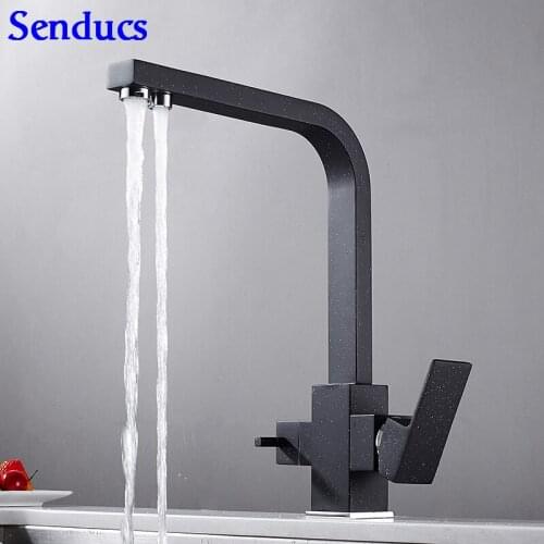 Senducs Black Filter Kitchen Mixer Tap Dual Hand Saving Water Home Clean Water Mixer Tap Square Brass Filter Kitchen Faucet