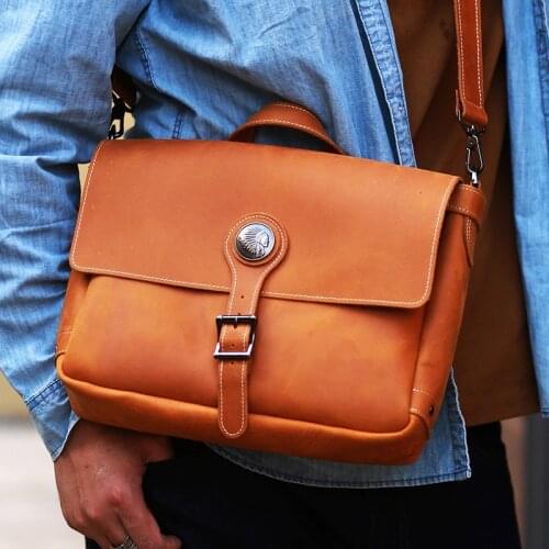 England Style Crossbody Bags For Men Natural Crazy Horse Leather Daily Shoulder Bags Vintage Work Briefcase Mens Messenger Bags