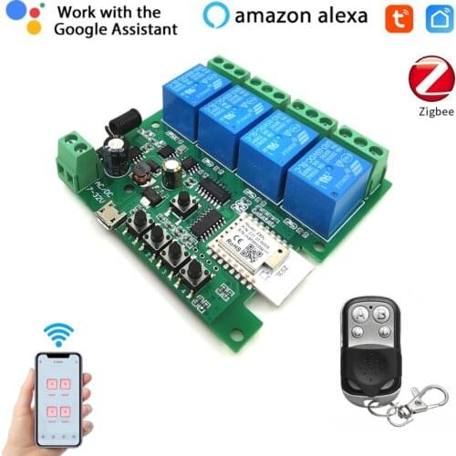 4CH Zigbee+RF433 Smart Light Switch Module DC 5/12/32V Receive 10A Relays Work with Alexa Google Home Tuya/Smart Life APP