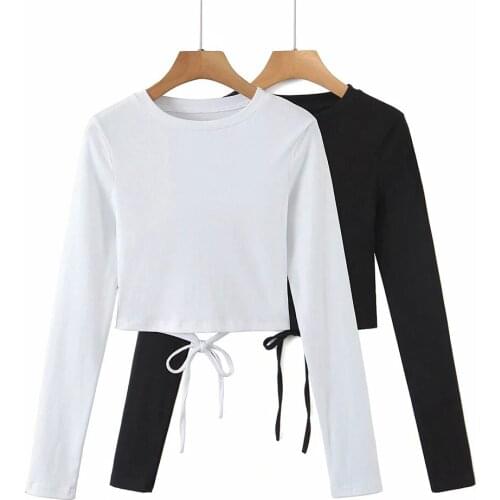 XIKOM 2021 Women Y2K Solid bandage O-Neck Hollowed out T shirt Female Fashion casual Streetwear short Long sleeve top