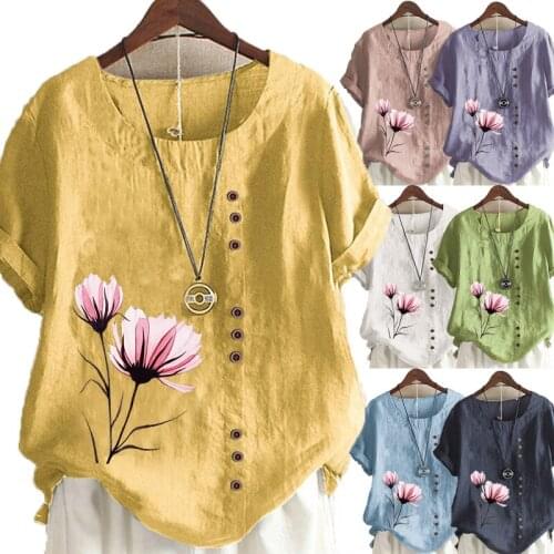 Womens Summer Fashion New Flowers Printed Casual Linen Shirt Plus Size Short Sleeve Tops T-shirt Ladies Round Neck Blouse