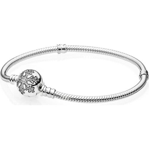 925 Sterling Silver Pan Bracelet Crystal Snowflake Clap Snake Chain Bracelet Bangle Fit Women Bead Charm Fashion Jewelry