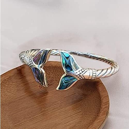 Abalone Shell and Fish Tail Bangle Bracelet Silver Gradient Color Bracelet Adjustable Open Durable Womens Bracelets